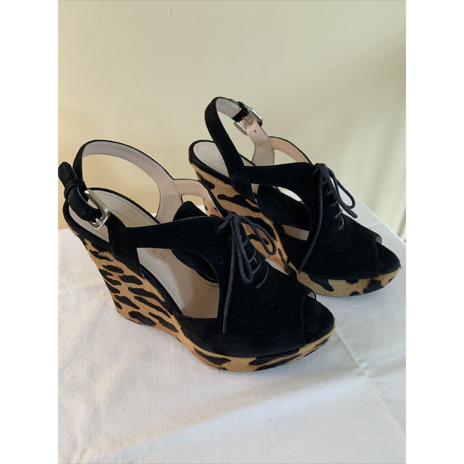 Prada Shoes Suede Heels Platform Peep Toe Boots Black Leopard Print 38 Us